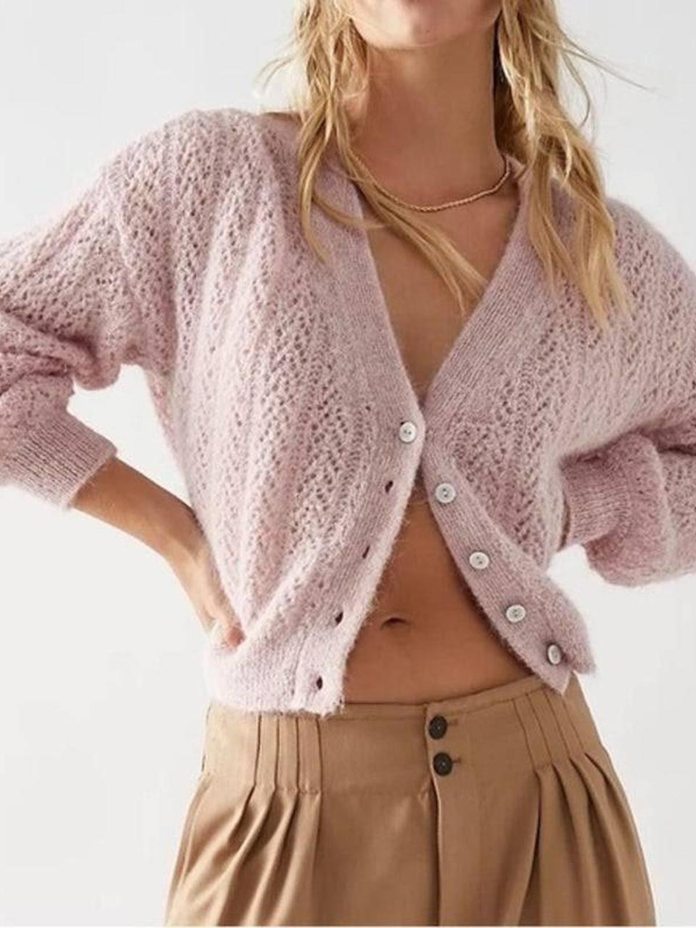 Free People Amelia Alpaca Pointelle Cardigan - Whisper Pink (Women’s Size Small)